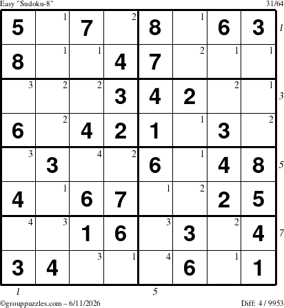 The grouppuzzles.com Easy Sudoku-8 puzzle for Thursday June 11, 2026 with all 4 steps marked