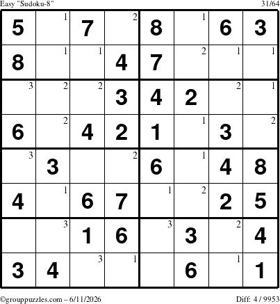 The grouppuzzles.com Easy Sudoku-8 puzzle for Thursday June 11, 2026 with the first 3 steps marked