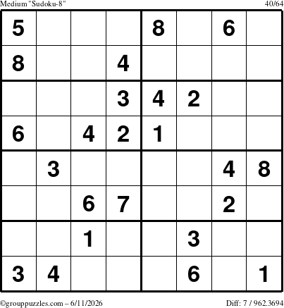 The grouppuzzles.com Medium Sudoku-8 puzzle for Thursday June 11, 2026