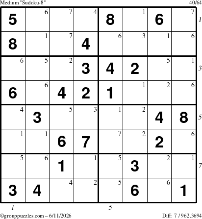The grouppuzzles.com Medium Sudoku-8 puzzle for Thursday June 11, 2026 with all 7 steps marked