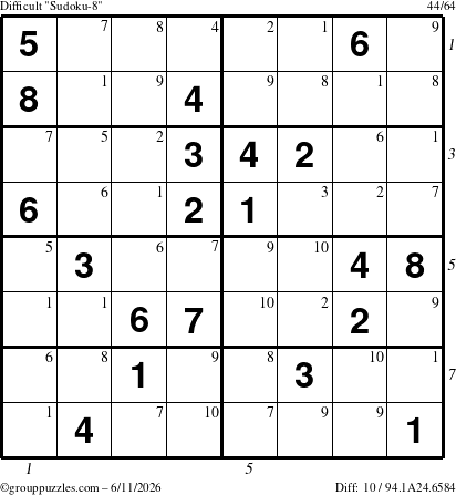 The grouppuzzles.com Difficult Sudoku-8 puzzle for Thursday June 11, 2026 with all 10 steps marked