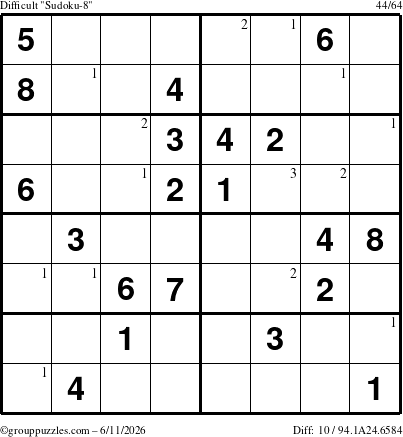 The grouppuzzles.com Difficult Sudoku-8 puzzle for Thursday June 11, 2026 with the first 3 steps marked