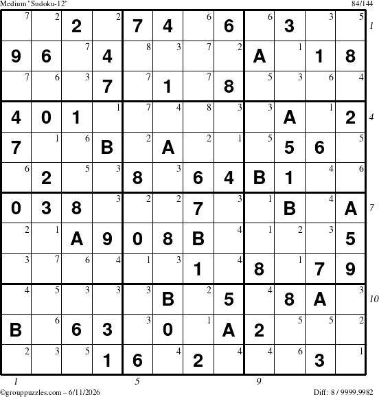 The grouppuzzles.com Medium Sudoku-12 puzzle for Thursday June 11, 2026, suitable for printing, with all 8 steps marked