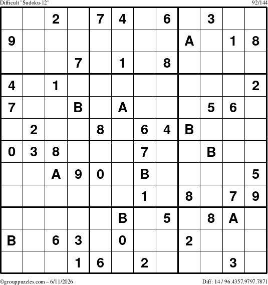 The grouppuzzles.com Difficult Sudoku-12 puzzle for Thursday June 11, 2026