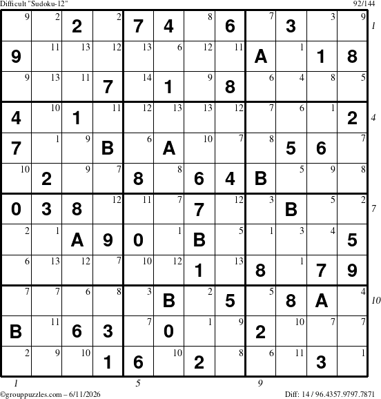 The grouppuzzles.com Difficult Sudoku-12 puzzle for Thursday June 11, 2026 with all 14 steps marked