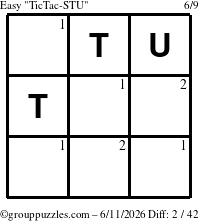 The grouppuzzles.com Easy TicTac-STU puzzle for Thursday June 11, 2026 with the first 2 steps marked
