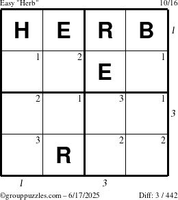 The grouppuzzles.com Easy Herb puzzle for Tuesday June 17, 2025 with all 3 steps marked