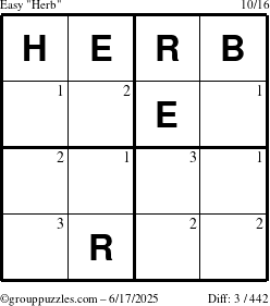 The grouppuzzles.com Easy Herb puzzle for Tuesday June 17, 2025 with the first 3 steps marked
