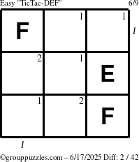 The grouppuzzles.com Easy TicTac-DEF puzzle for Tuesday June 17, 2025 with all 2 steps marked