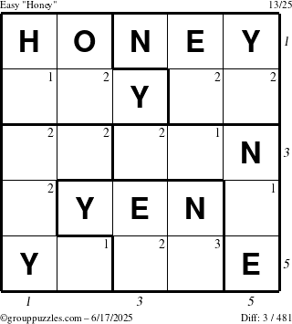 The grouppuzzles.com Easy Honey puzzle for Tuesday June 17, 2025, suitable for printing, with all 3 steps marked