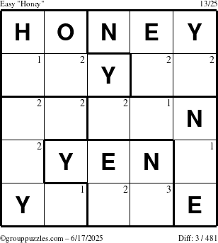 The grouppuzzles.com Easy Honey puzzle for Tuesday June 17, 2025 with the first 3 steps marked