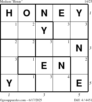 The grouppuzzles.com Medium Honey puzzle for Tuesday June 17, 2025 with all 4 steps marked