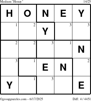 The grouppuzzles.com Medium Honey puzzle for Tuesday June 17, 2025 with the first 3 steps marked