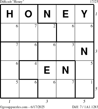 The grouppuzzles.com Difficult Honey puzzle for Tuesday June 17, 2025 with all 7 steps marked