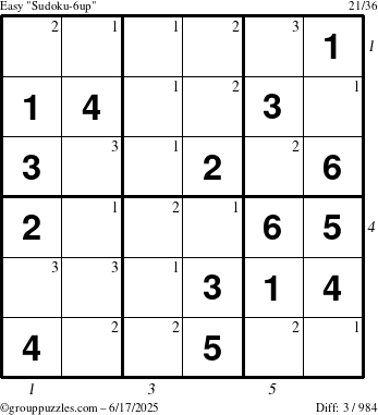The grouppuzzles.com Easy Sudoku-6up puzzle for Tuesday June 17, 2025 with all 3 steps marked