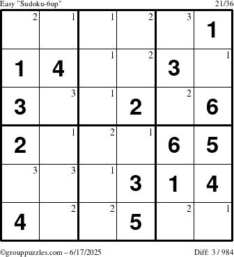 The grouppuzzles.com Easy Sudoku-6up puzzle for Tuesday June 17, 2025 with the first 3 steps marked