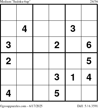 The grouppuzzles.com Medium Sudoku-6up puzzle for Tuesday June 17, 2025