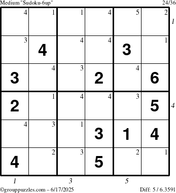 The grouppuzzles.com Medium Sudoku-6up puzzle for Tuesday June 17, 2025 with all 5 steps marked