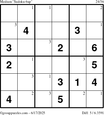 The grouppuzzles.com Medium Sudoku-6up puzzle for Tuesday June 17, 2025 with the first 3 steps marked