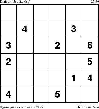 The grouppuzzles.com Difficult Sudoku-6up puzzle for Tuesday June 17, 2025