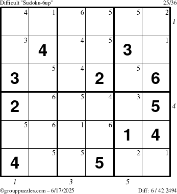 The grouppuzzles.com Difficult Sudoku-6up puzzle for Tuesday June 17, 2025 with all 6 steps marked