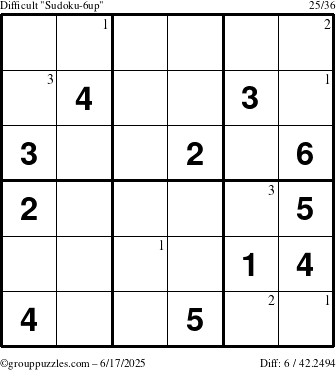 The grouppuzzles.com Difficult Sudoku-6up puzzle for Tuesday June 17, 2025 with the first 3 steps marked