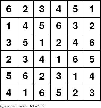 The grouppuzzles.com Answer grid for the Sudoku-6up puzzle for Tuesday June 17, 2025