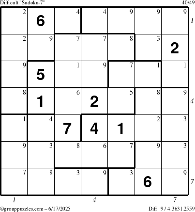 The grouppuzzles.com Difficult Sudoku-7 puzzle for Tuesday June 17, 2025 with all 9 steps marked