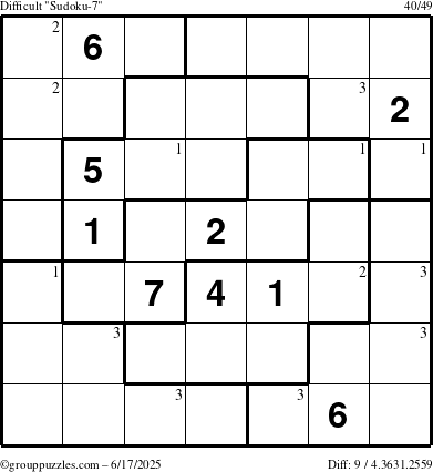 The grouppuzzles.com Difficult Sudoku-7 puzzle for Tuesday June 17, 2025 with the first 3 steps marked