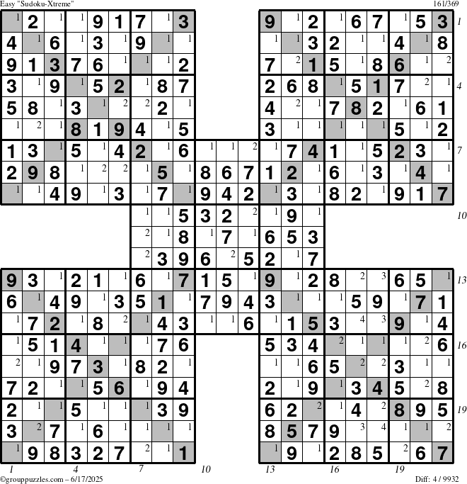 The grouppuzzles.com Easy Sudoku-Xtreme puzzle for Tuesday June 17, 2025 with all 4 steps marked