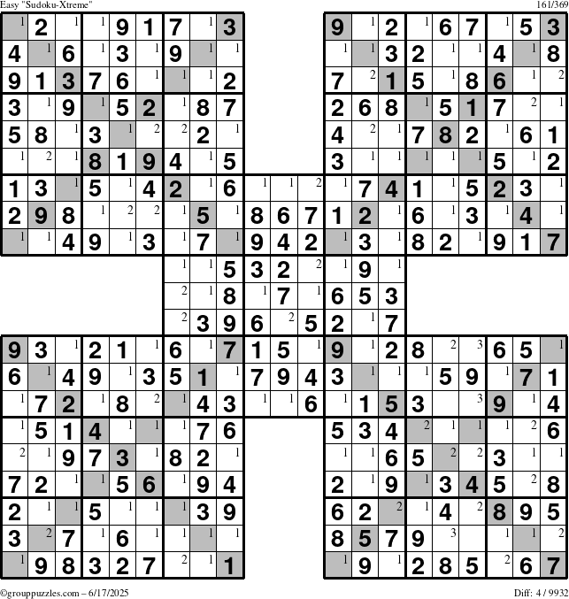 The grouppuzzles.com Easy Sudoku-Xtreme puzzle for Tuesday June 17, 2025 with the first 3 steps marked