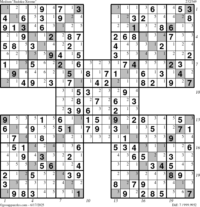 The grouppuzzles.com Medium Sudoku-Xtreme puzzle for Tuesday June 17, 2025, suitable for printing, with all 7 steps marked