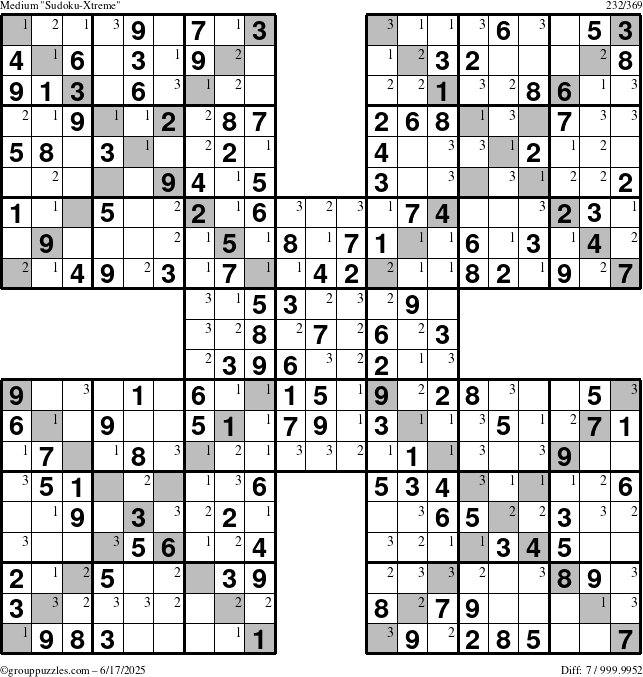 The grouppuzzles.com Medium Sudoku-Xtreme puzzle for Tuesday June 17, 2025 with the first 3 steps marked