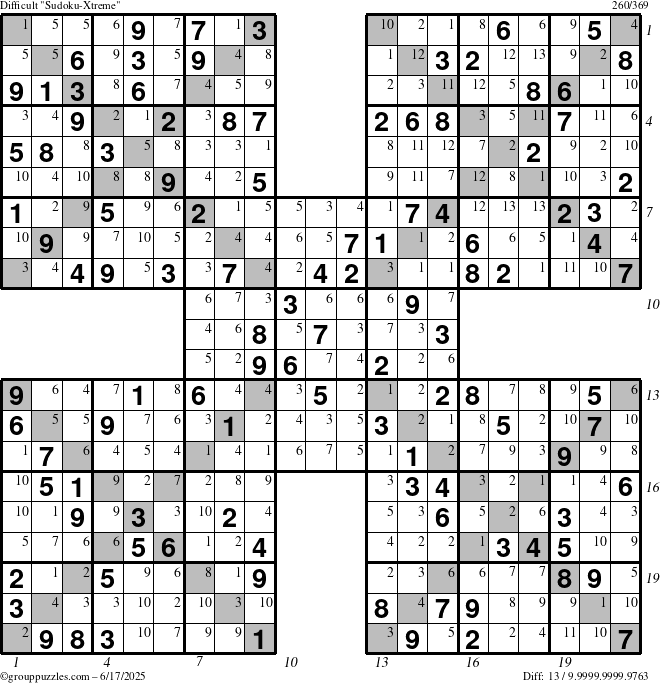 The grouppuzzles.com Difficult Sudoku-Xtreme puzzle for Tuesday June 17, 2025 with all 13 steps marked