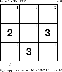 The grouppuzzles.com Easy TicTac-123 puzzle for Tuesday June 17, 2025 with all 2 steps marked