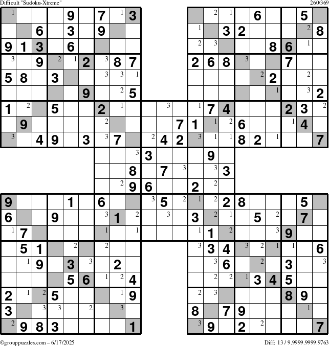 The grouppuzzles.com Difficult Sudoku-Xtreme puzzle for Tuesday June 17, 2025 with the first 3 steps marked