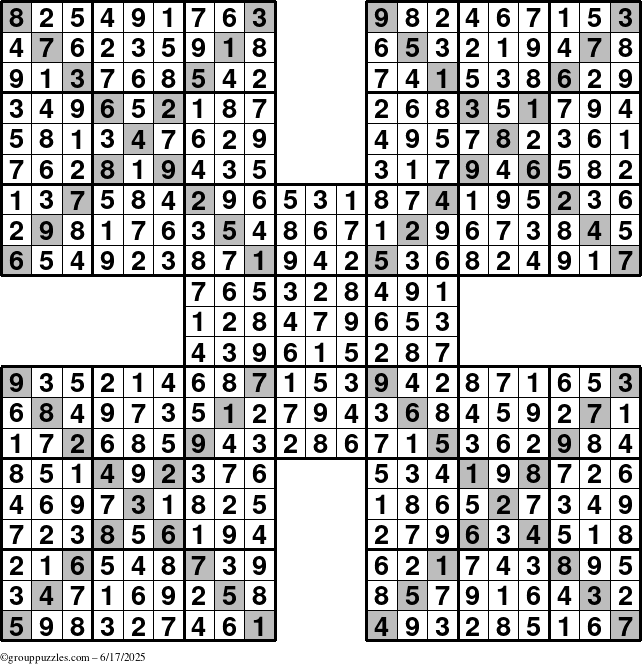 The grouppuzzles.com Answer grid for the Sudoku-Xtreme puzzle for Tuesday June 17, 2025