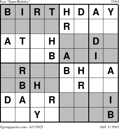 The grouppuzzles.com Easy Super-Birthday puzzle for Tuesday June 17, 2025