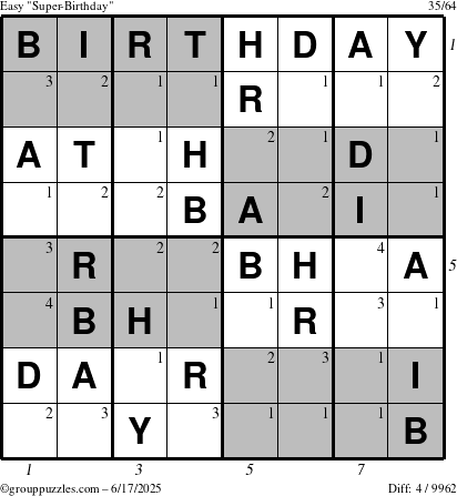 The grouppuzzles.com Easy Super-Birthday puzzle for Tuesday June 17, 2025 with all 4 steps marked