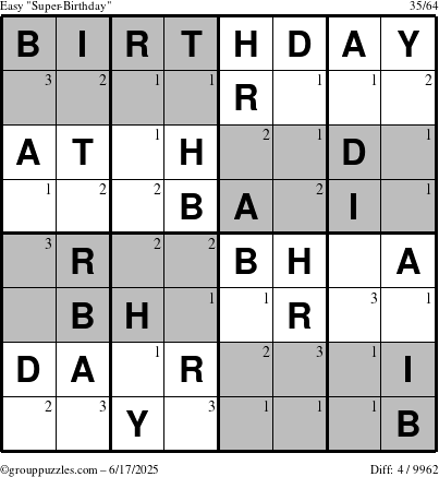 The grouppuzzles.com Easy Super-Birthday puzzle for Tuesday June 17, 2025 with the first 3 steps marked