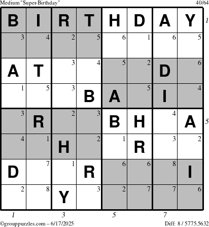 The grouppuzzles.com Medium Super-Birthday puzzle for Tuesday June 17, 2025, suitable for printing, with all 8 steps marked