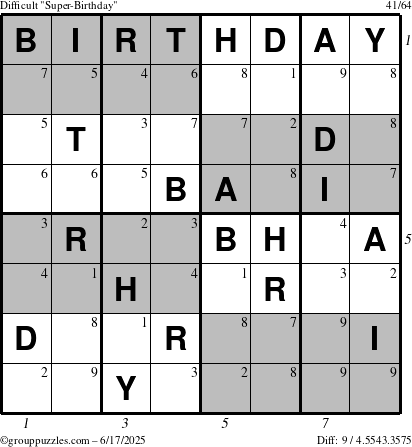 The grouppuzzles.com Difficult Super-Birthday puzzle for Tuesday June 17, 2025 with all 9 steps marked
