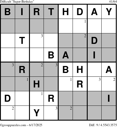 The grouppuzzles.com Difficult Super-Birthday puzzle for Tuesday June 17, 2025 with the first 3 steps marked