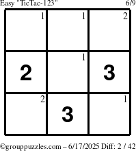 The grouppuzzles.com Easy TicTac-123 puzzle for Tuesday June 17, 2025 with the first 2 steps marked
