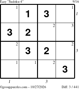 The grouppuzzles.com Easy Sudoku-4 puzzle for Tuesday October 27, 2026, suitable for printing, with all 3 steps marked