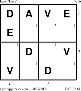 The grouppuzzles.com Easy Dave puzzle for Tuesday October 27, 2026, suitable for printing, with all 2 steps marked