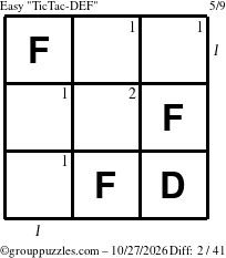 The grouppuzzles.com Easy TicTac-DEF puzzle for Tuesday October 27, 2026 with all 2 steps marked