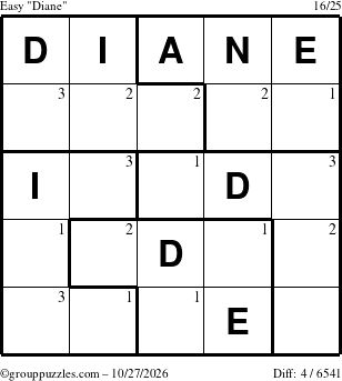 The grouppuzzles.com Easy Diane puzzle for Tuesday October 27, 2026 with the first 3 steps marked