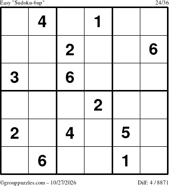 The grouppuzzles.com Easy Sudoku-6up puzzle for Tuesday October 27, 2026