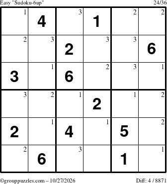 The grouppuzzles.com Easy Sudoku-6up puzzle for Tuesday October 27, 2026 with the first 3 steps marked